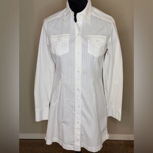 New York & Company White Pinstripe Button-Up Tunic